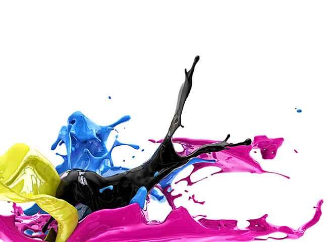 Ink color splash with red, yellow, blue and black colors