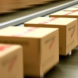 Cardboard boxes going down a conveyor belt.